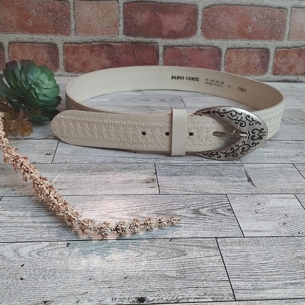 Fabio Corti Stamped Leather Cream Color Belt with Ornate Pewter Buckle #1863 M